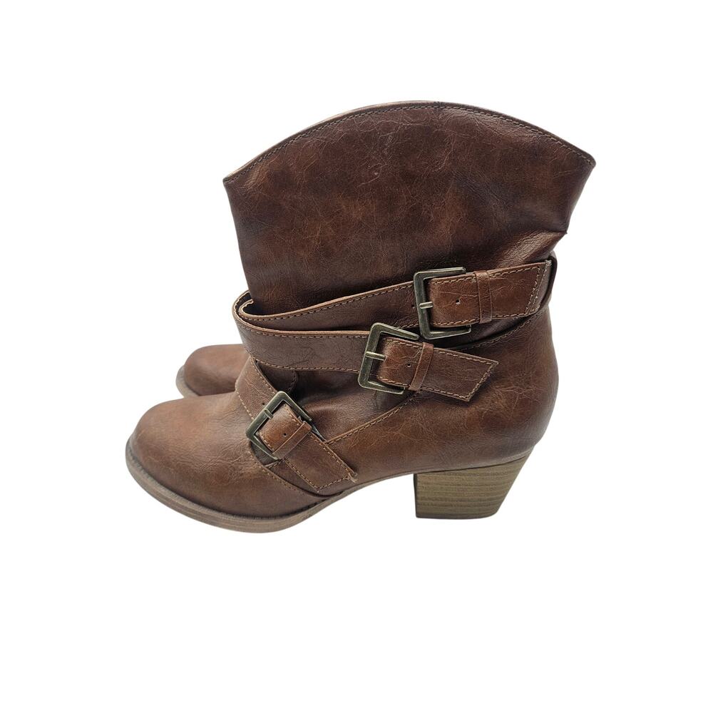 Mudd Palms Triple Buckle Slouch Ankle Boots Women's 8.5 Cognac Brown Block Heel